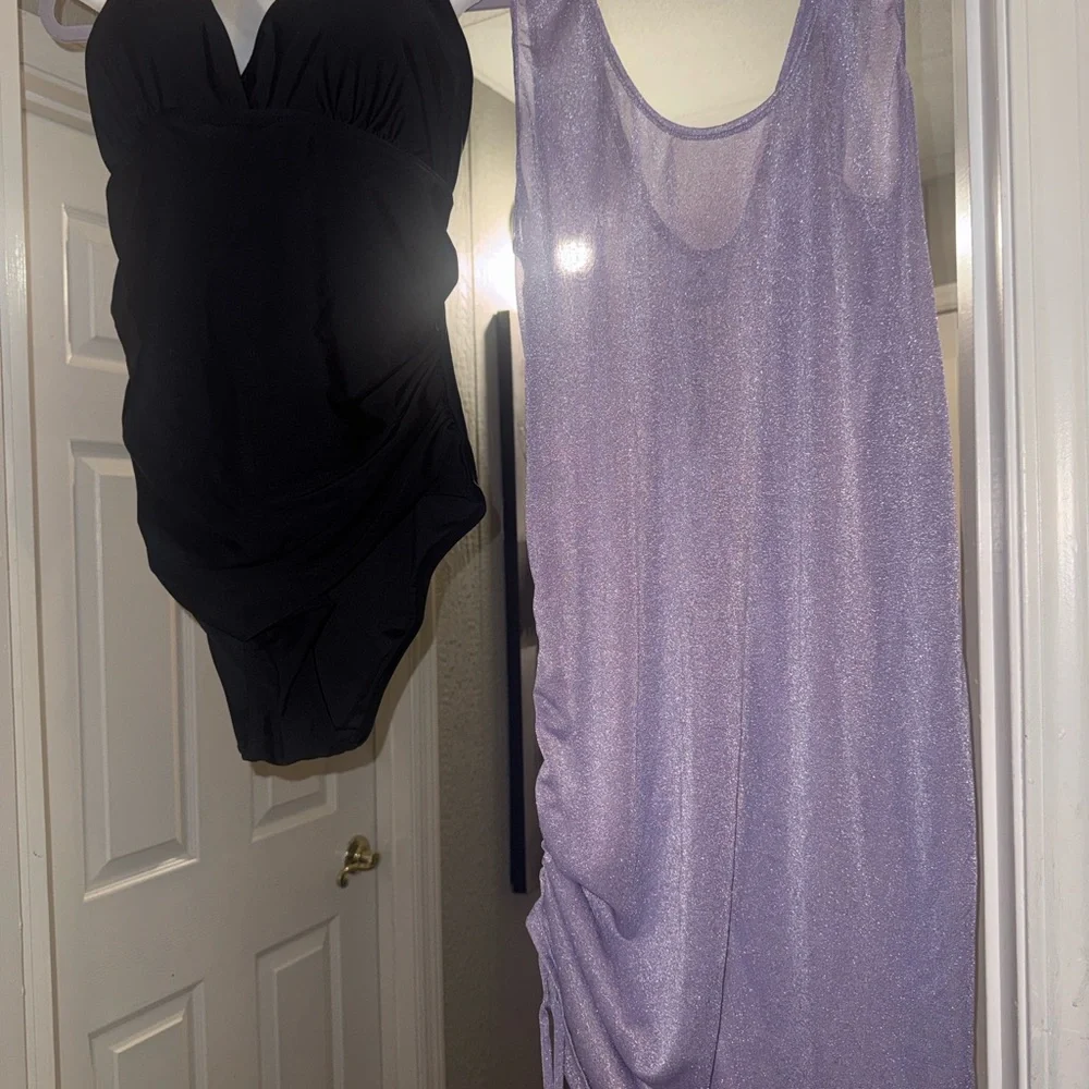 NWT Black 1 piece XL Swimsuit with large Purple shimmery Cover-Up with stretch.